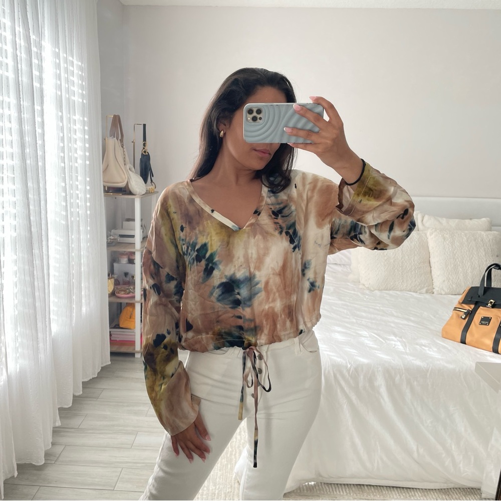 ZARA Multicolor Abstract Drawstring Blouse | V-Neck Long Sleeve Top | Small - Picture 5 of 5